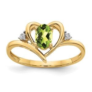 14k Yellow Gold Peridot August Birthstone and Diamond Heart Ring (Size 7)
